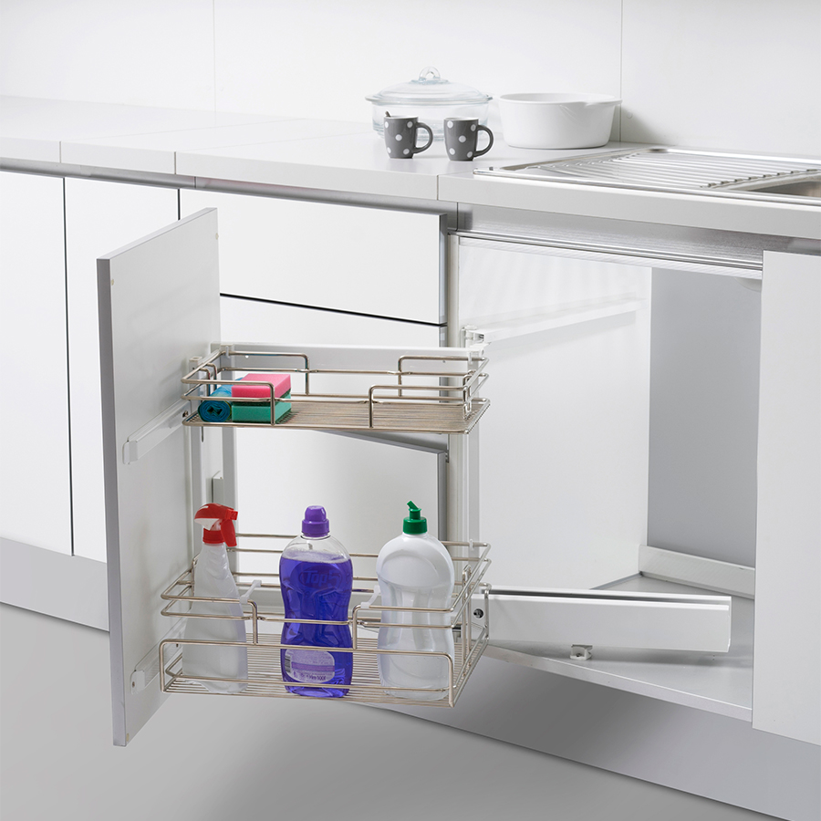 Pull-Out Waste Bin Grey And Accessory Kit Rack For Undersink Cabinet, Chrome Round For 90cm Unit